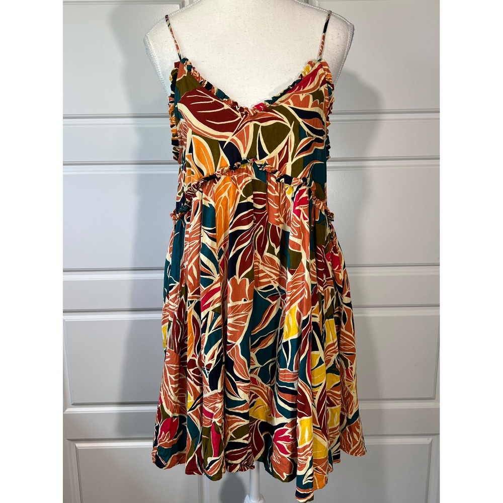 Earthy Floral Mini Sun Dress Sleeveless Ruffle Trim Hawaiian Tropical Coverup OS